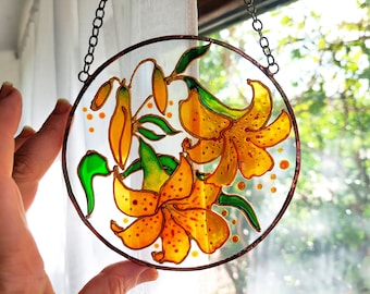 Colorful Lily Sun catcher. Handcrafted Stained Glass Window Hanging, Stained glass painting.Beautiful Flowers Stained Glass Panel