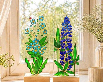 忘れな草のステンドグラスサンキャッチャー、手描きの青い花の窓飾り