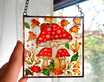 Fly Agaric Stained glass Sun catcher. Home House Amanita. Mushroom Hand Painted Sun catcher. Window Hanging Decoration. Cottage core gift