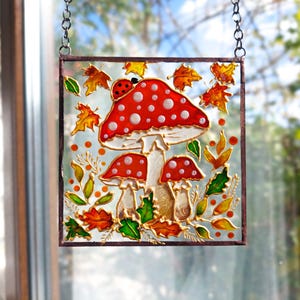 Fly Agaric Stained Glass Suncatcher: Hand-Painted Mushroom Window Decor