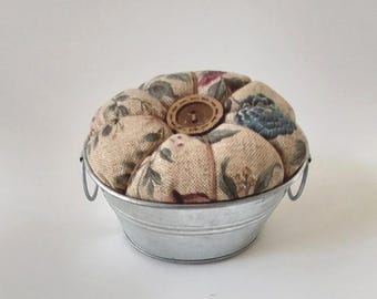 Pincushion,  Country Wash Tub, Floral Print