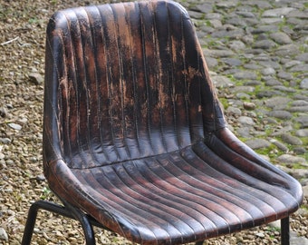 Stitched Leather covered plastic molded chair in the style of Robin Day Hille polyside seat