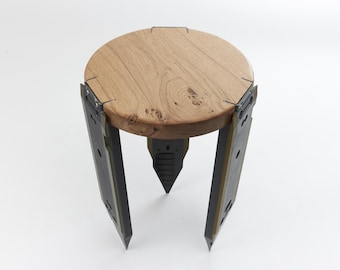 Aircraft industrial design round Coffee Table with solid oak wood top