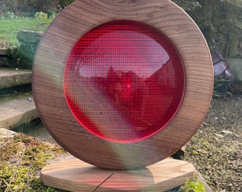 Traffic Light Stop RED Lens mounted in turned Elm wood frame.