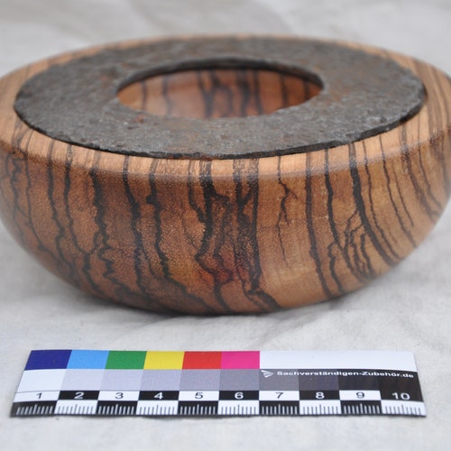 Bowl made from an Airspeed shops Horsa relic mounted in Zebrano wood