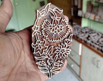 Floral Wood Stamp: Indian Printing Block for Fabric, Clay, Henna