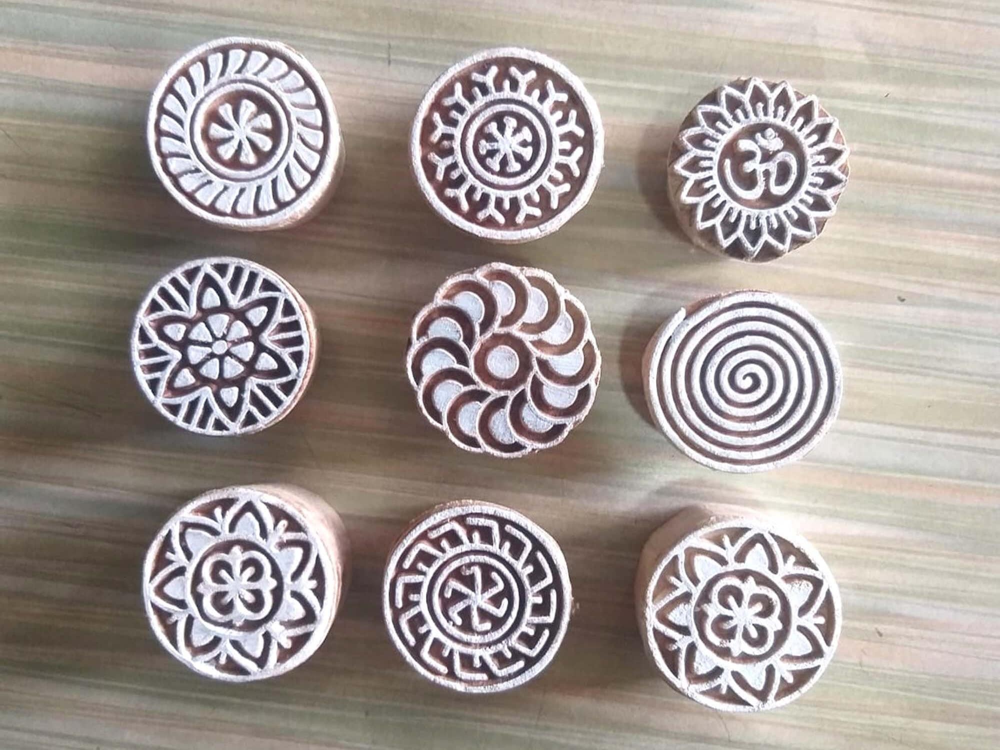 Round Printing Block Stamps: Henna, Fabric, Clay, Home Decor (Set of 9)