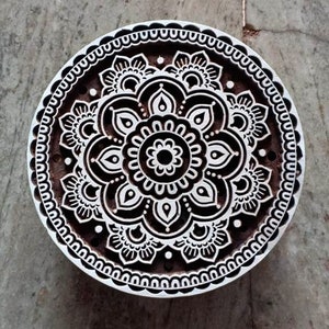 Tampon en bois Mandela, pochoir d'impression de fleurs indiennes, motif floral rond, traditionnel, henné, tampon textile en bois sculpté