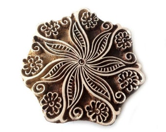 Hand Carved Indian Wood Block Stamp: Floral Textile Printing Art