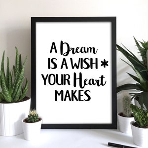 Un sueño es un deseo que su corazón hace Disney Arte imprimir Disney pared arte tipografía pared arte cita de la cita de la impresión