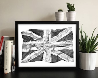 Unie Jack vlag zwart-wit Print Art cadeau idee Home interieur Decor decoratie handgetekende getrokken Britse Engeland UK leger Marine koningin HM