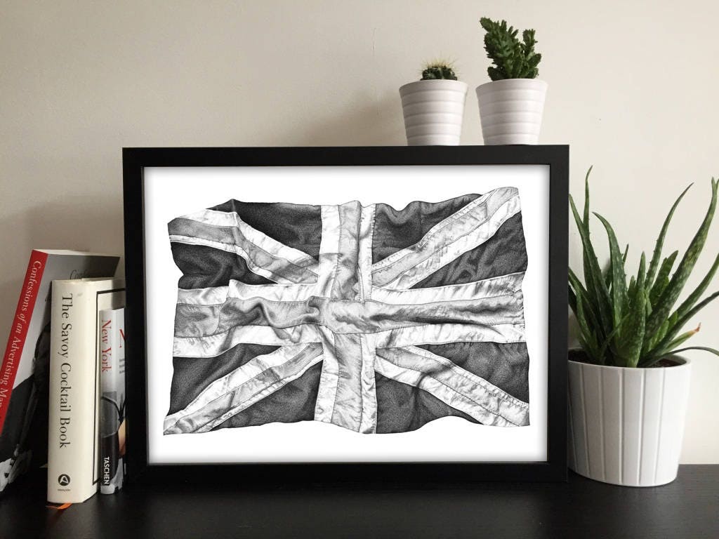 Union Jack Flag Black White Print Art Gift Idea Home Interior Decor Decoration Handdrawn Drawn British England UK Army Navy Queen HM