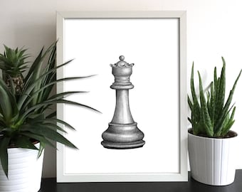 Chess Piece Queen Print Wall Art Gift Boardgames Idea Home Interior Decor Decoration Chesspiece King Pawn Knight Bishop Rook Castle