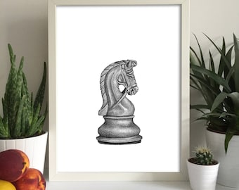 Chess Piece Knight Print Wall Art Gift Boardgames Idea Home Interior Decor Decoration Chesspiece Queen Pawn King Bishop Rook Castle