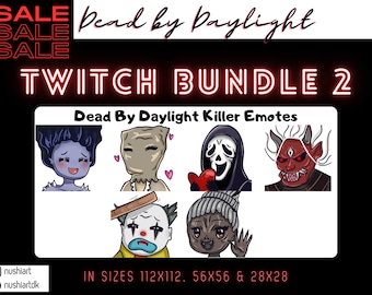 Könnte beinhalten: Ein Set mit fünf Twitch-Emojis, die Charaktere aus dem Videospiel Dead by Daylight zeigen. Die Emojis sind im Cartoon-Stil gehalten und zeigen die Charaktere: Die Hexe, Der Trapper, Die Gestalt, Der Oni und Der Clown. Die Emojis sind in drei Größen erhältlich: 112x112, 56x56 und 28x28.