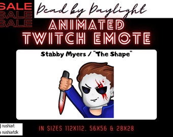 Könnte beinhalten: Animiertes Twitch-Emote für Dead by Daylight mit Stabby Myers, auch bekannt als "The Shape", der ein blutiges Messer hält. Das Emote ist in drei Größen verfügbar: 112x112, 56x56 und 28x28.