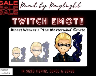 Könnte beinhalten: Eine digitale Illustration von Albert Wesker aus der Resident Evil Videospielserie. Er trägt einen schwarzen Mantel und eine Sonnenbrille. Der Text "TWITCH EMOTE" befindet sich über ihm. Der Text "Albert Wesker / "The Mastermind" Emote" befindet sich unter ihm. Der Text "IN SIZES 112X112, 56X56 & 28X28" befindet sich am unteren Rand des Bildes.