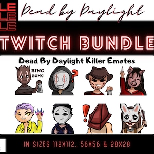K&ouml;nnte beinhalten: Ein Satz von acht Twitch-Emojis mit Charakteren aus dem Spiel Dead by Daylight. Die Emojis sind in verschiedenen Gr&ouml;&szlig;en, darunter 112x112, 56x56 und 28x28. Die Emojis sind bunt und zeigen eine Vielzahl von Ausdr&uuml;cken.