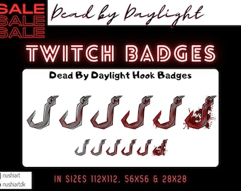 Könnte beinhalten: Ein Satz von sechs Twitch-Badges mit einem blutigen Haken aus dem Spiel Dead by Daylight. Die Badges sind in drei Größen erhältlich: 112x112, 56x56 und 28x28.
