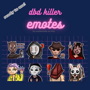 K&ouml;nnte beinhalten: Acht digitale Illustrationen verschiedener Dead by Daylight Killer. Die Killer sind im Cartoon-Stil mit verschiedenen Gesichtsausdr&uuml;cken dargestellt. Die Illustrationen sind mit "dbd killer emotes" und "by nushiartdk on etsy" beschriftet.