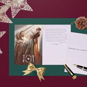 Conjunto de 12 cartões de Natal, cartão de Natal de Simeão e Jesus. Cartão de Natal exclusivo com história e versículos bíblicos, imagem no verso. Católico