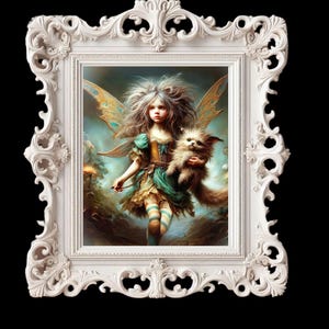 Peut inclure: Impression d'art encadrée représentant une fée aux longs cheveux, tenant une petite créature poilue. La fée porte une robe verte et dorée avec des bas rayés et des ailes détaillées. Le cadre blanc orné ajoute une touche décorative à l'œuvre.
