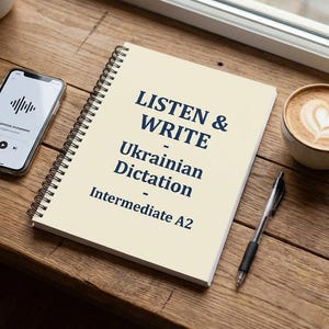 May include: A wooden desk displays a smartphone, a spiral-bound notebook, a pen, a cup of coffee with latte art, and a small Ukrainian flag. The notebook reads "LISTEN & WRITE - Ukrainian Dictation - Intermediate A2."