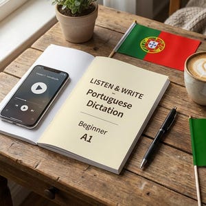 May include: A wooden table displays a Portuguese language learning setup. A smartphone with a play button rests on an open book titled "Listen & Write Portuguese Dictation." Flags of Portugal, a coffee cup, and glasses are also present.