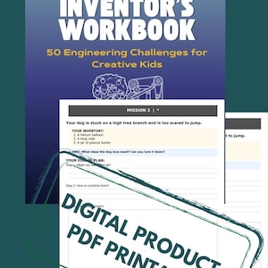 Pode incluir: Um produto digital PDF imprimível intitulado "The Ultimate Inventor's Workbook" com 50 desafios de engenharia para crianças criativas. O caderno inclui uma missão sobre um cão preso numa árvore, com inventário e sugestões de plano de fuga.