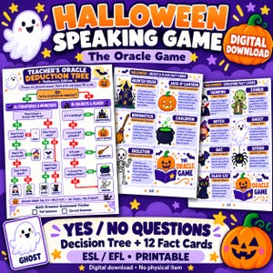 Op de afbeelding: Een digitale Halloween-spreekspel download met een beslissingsboom en twaalf feitenkaarten met illustraties van een vampier, zombie, heks, geest, vleermuis, spin, zwarte kat en pompoen, inclusief afbeeldingen van een geest en een pompoen.