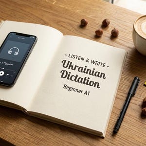 May include: An open book with the text "LISTEN & WRITE Ukrainian Dictation Beginner A1" next to a smartphone displaying a music player interface. A cup of coffee, a pen, and a Ukrainian flag patch are also on the wooden surface.