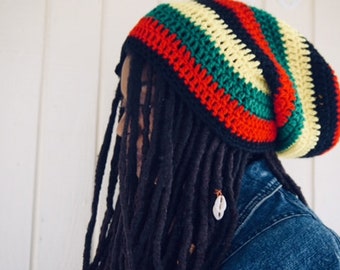 Crochet, Rasta Hippie Beanie, Black, Red, Green, Gold, slouchy, Jamaican, Drawstring Hat