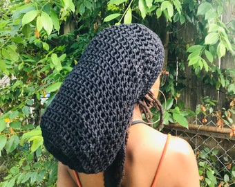 Crochet Black Cotton Netted Beanie, Dreadlock Beanie, Netted Dreadlock Tam