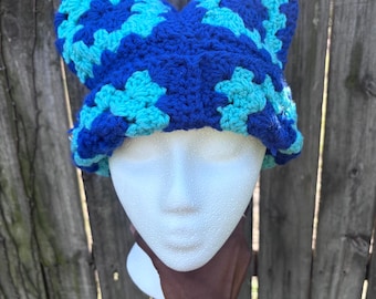 Blue Crochet Cat Hat, Granny Square Crochet Hat.