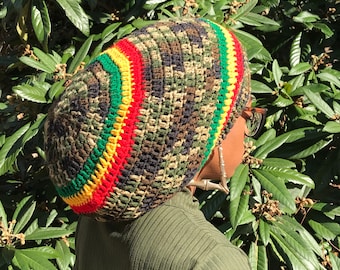 Rasta Crochet Tam, Army Green Hat, Camouflage Dread Tam, Rasta Dread Beanie