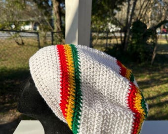 White Rasta Crochet Beanie, Rasta Crochet Beanie, Rasta Tam