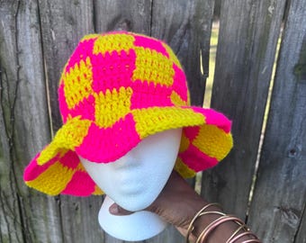 Pink and Yellow, Crochet Bucket Hat, Checkered Crochet Bucket Hat