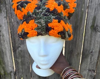 Camouflage and Orange Crochet Beanie, Cat Ear Beanie