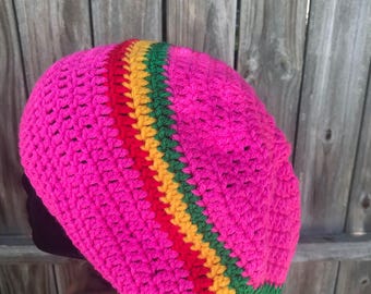 Pink Rasta Crochet Beanie, Crochet Beanie, Rasta Crochet