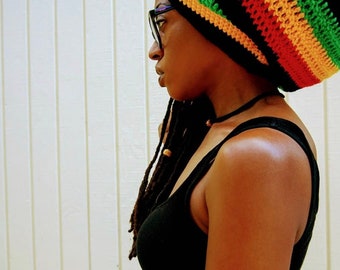 Rasta Crochet Beanie, Dreadlock Hat, Medium Rasta Hat, Red Gold Green Hat