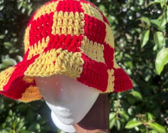 Yellow and Red Crochet, Bucket Hat, Crochet Bucket Hat