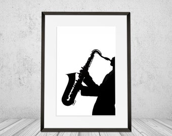 Saxophone, Wall Art Print, Musical Instrument, Saxophonist, Black and White, Jazz, Wall Art, Musician, Playing, Music, Man, Digital Download