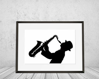 Saxophone, Wall Art Print, Musical Instrument, Saxophonist, Black and White, Jazz, Wall Art, Musician, Playing, Music, Man, Digital Download
