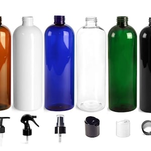May include: Set of eight 8-ounce plastic bottles in various colors, including amber, white, blue, clear, green, and black. The bottles are all cylindrical and have a smooth finish. The set also includes various pump tops and caps.