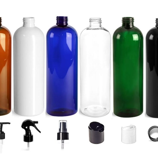 3 Pack 16 oz Empty Plastic PET Cosmo Round Bottles with Caps of Your Choice ~ Blue, Green, Amber, Clear, White, Black ~ BPA Free