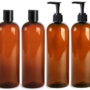 May include: Six amber-colored plastic bottles with black caps. Three bottles have pump dispensers, and three have flat screw-on caps. The bottles are cylindrical and appear to be empty, suitable for various liquids.