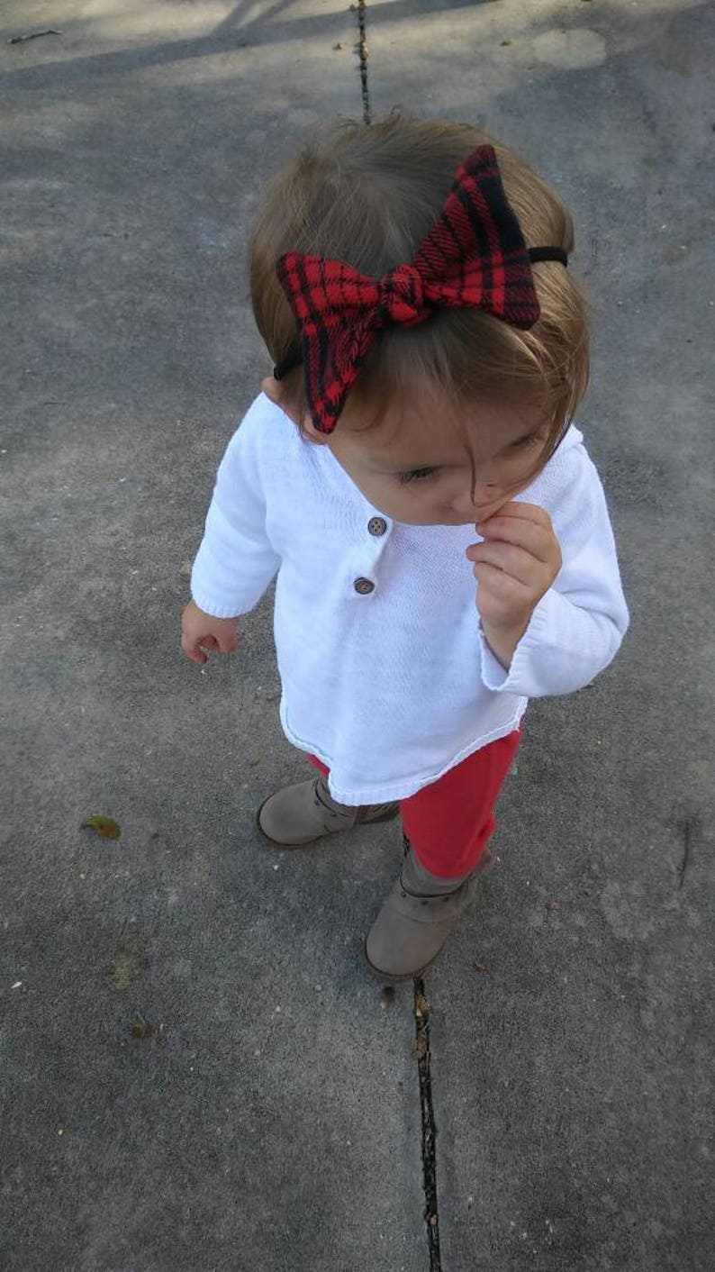 Buffalo Plaid Hair Bow Red and Black Plaid Bow Fabric and Nylon Headband Top Knot Headband Newborn Headband For Baby Girl