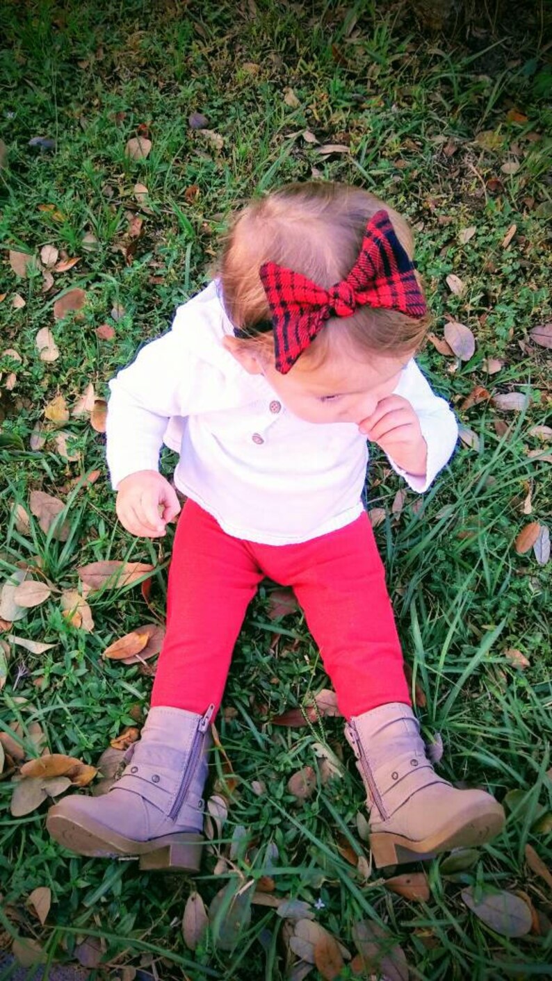 Buffalo Plaid Hair Bow Red and Black Plaid Bow Fabric and Nylon Headband Top Knot Headband Newborn Headband For Baby Girl