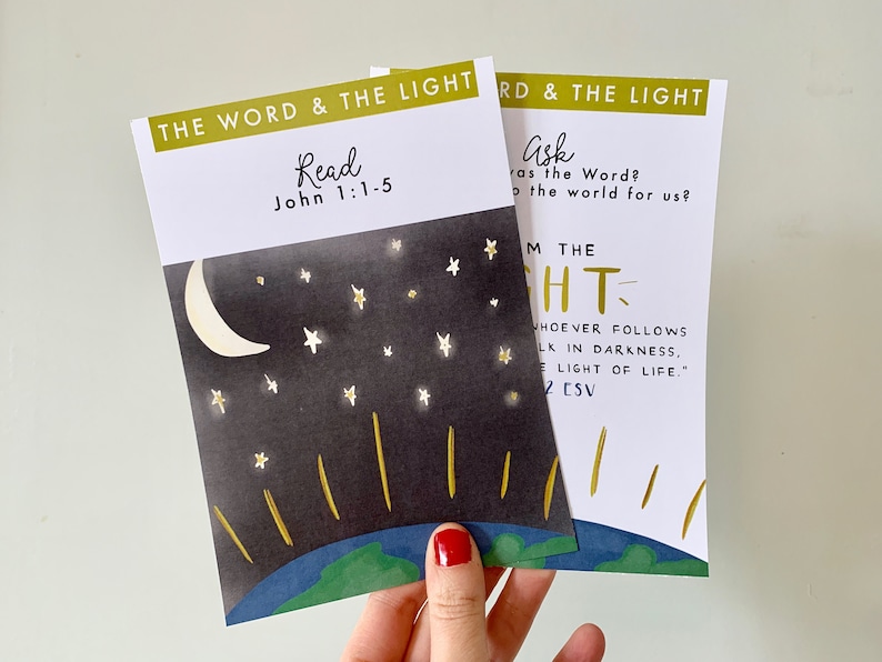 May include: Two cards with a night sky and stars illustration. The text on the cards reads "The Word & The Light" and includes bible verses from John 1:1-5 and John 1:2.