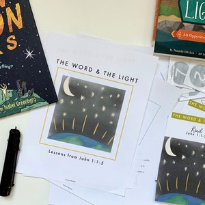 May include: A set of printable educational materials for a children's Sunday school lesson about the Bible verse John 1:1-5. The materials include a title page with the text "The Word & The Light" and an illustration of a crescent moon, stars, and the Earth with rays of light. There are also printable activity sheets with the same illustration and the text "Read John 1:1-5".